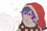  1girl blush doremy_sweet dress hair_between_eyes hat large_hat looking_at_viewer medium_hair minamia23 nightcap open_mouth pom_pom_(clothes) purple_hair red_headwear simple_background solo touhou upper_body violet_eyes white_background 