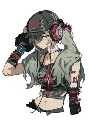  absurdres aqua_eyes aqua_hair baseball_cap choker crop_top detached_sleeves expressionless fur_trim hat hatsune_miku headset highres ligne_claire long_hair looking_at_viewer navel number_tattoo tattoo torn_clothes twintails vocaloid zhibuji_loom 