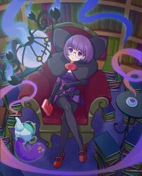  1girl blunt_bangs bob_cut book bow breasts chandelure crossed_legs dress elbow_gloves fire ghost glasses gloves highres holding holding_book holding_pen large_bow large_breasts mary_janes meegon01 on_chair pantyhose pen pleated_dress pleated_skirt pokemon pokemon_(creature) pokemon_(game) pokemon_bw polteageist purple_dress purple_fire purple_hair purple_skirt rimless_eyewear round_eyewear shauntal_(pokemon) shoes short_dress sitting skirt solo violet_eyes 