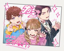  1girl aam09212 amane_sachika blonde_hair blue_hoodie brown_eyes brown_hair earrings english_text highres hood hoodie inoue_shouma jacket jewelry kamen_rider kamen_rider_gavv_(series) karakida_hanto long_hair multiple_boys open_mouth short_hair simple_background violet_eyes white_background 