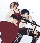  1boy 1girl bandage_over_one_eye black_eyes black_hair brown_eyes brown_hair clenched_teeth dress eren_yeager genderswap genderswap_(ftm) genderswap_(mtf) gun hanpetos holding holding_gun holding_weapon mikasa_ackerman missing_finger red_dress rifle shingeki_no_kyojin sniper_rifle suspenders teeth weapon 