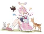  1girl :&lt; animal bird black_hairband blue_shirt blush cat closed_mouth crow deer floral_print frilled_skirt frilled_sleeves frills full_body hair_between_eyes hair_ornament hairband heart heart_hair_ornament heart_of_string highres komeiji_satori long_sleeves looking_at_viewer multiple_tails pink_footwear pink_hair pink_skirt print_skirt rabbit reiuji_utsuho reiuji_utsuho_(bird) rose_print shirt skirt slippers socks solo sorani_(kaeru0768) squirrel string tail third_eye touhou white_socks wide_sleeves yellow_shirt 