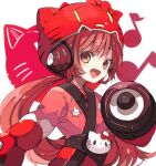  1girl :d animal_helmet arm_cannon blunt_bangs bodysuit brown_eyes eighth_note flat_chest happi headphones hello_kitty hello_kitty_(character) helmet japanese_clothes kaho_0102 kimono long_hair looking_at_viewer musical_note nekomura_iroha open_mouth petite pink_hair pink_kimono ponytail red_headwear red_theme sanrio sideways_glance skinny smile solo speaker star_(symbol) star_print very_long_hair vocaloid weapon 
