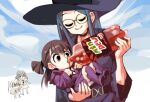  2girls anchet7 blue_hair bottle brown_hair closed_eyes drinking glasses hat kagari_atsuko little_witch_academia long_hair luna_nova_school_uniform mountain_dew multiple_girls pale_skin school_uniform smile ursula_charistes witch witch_hat 