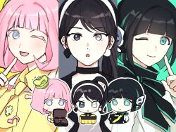  3girls black_hair blue_eyes chibi colored_inner_hair earrings gamer_driver green_eyes green_hair heterochromia highres holding humagear_headphones is_(kamen_rider_01) jewelry kamen_rider kamen_rider_01_(series) kamen_rider_ex-aid_(series) kamen_rider_geats_(series) mole mole_under_eye multicolored_hair multiple_girls open_mouth oresanjyo pink_hair ponytail poppi_pipopapo robot_ears smile tsumuri_(kamen_rider_geats) 