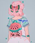  1girl artist_name backpack bag bandaid bow bubble_tea food from_behind fruit grey_background hair_bow heart highres liquid meyoco original pink_hair short_hair short_sleeves simple_background solo transparent upper_body watermelon 