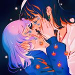  1boy 1girl black_background black_hair blue_dress closed_eyes dress earrings grey_hair hand_on_another&#039;s_cheek hand_on_another&#039;s_face hands_up highres howl_(howl_no_ugoku_shiro) howl_no_ugoku_shiro imminent_kiss jewelry long_hair meyoco profile shirt sophie_(howl_no_ugoku_shiro) star_(symbol) tears white_shirt 