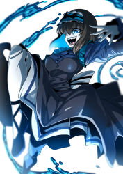  1girl black_hair blue_eyes blue_hair bow breasts colored_inner_hair doll_joints dress foot_out_of_frame garie_tuman hairband highres joints juliet_sleeves long_sleeves medium_breasts multicolored_hair open_mouth pale_skin puffy_sleeves senki_zesshou_symphogear short_hair smile solo tukiwani two-tone_hair 