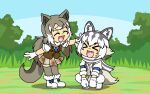  &gt;_&lt; 2girls :d ^_^ animal_ears armband blush_stickers brown_hair chibi closed_eyes dual_persona eastern_wolf_(kemono_friends) eastern_wolf_(kemono_friends)_(old_design) facing_another fang full_body fur-trimmed_footwear fur_collar fur_trim gloves grey_hair hand_on_another&#039;s_head headpat kemono_friends leaning_forward long_hair long_sleeves medium_hair miniskirt multicolored_hair multiple_girls necktie open_clothes open_mouth open_vest outstretched_arms outstretched_hand plaid plaid_necktie plaid_skirt pleated_skirt scarf shoes short_sleeves skirt smile squatting srd_(srdsrd01) standing tail thigh-highs twintails vest white_gloves white_hair wolf_ears wolf_girl wolf_tail xd 