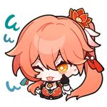  1girl black_gloves chibi chinese_clothes gloves guinaifen_(honkai:_star_rail) hand_on_own_hip honkai:_star_rail honkai_(series) long_hair official_art one_eye_closed red_headwear solo star-shaped_pupils star_(symbol) symbol-shaped_pupils tongue tongue_out transparent_background twintails upper_body 