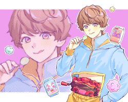  1boy :d blue_hoodie brown_hair candy food gochizo henshin_belt_gavv highres holding holding_candy holding_food holding_lollipop hood hoodie inoue_shouma kamen_rider kamen_rider_gavv_(series) lollipop male_focus oresanjyo rider_belt short_hair smile solo tokusatsu violet_eyes 