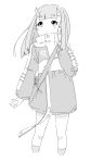  1girl cropped_legs greyscale hand_up highres horns jacket kuro_kosyou long_hair long_sleeves monochrome original puffy_long_sleeves puffy_sleeves short_eyebrows simple_background socks solo standing thick_eyebrows white_background 