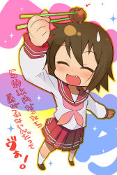  1girl :d arm_up arrow_(symbol) brown_hair brown_shoes chopsticks closed_eyes fang food foreshortening from_above full_body highres holding holding_chopsticks kusakabe_misao loafers lucky_star meatball minawa neckerchief open_mouth outline pink_neckerchief red_neckerchief red_sailor_collar red_skirt ryouou_school_uniform sailor_collar school_uniform serafuku shirt shoes short_hair skirt smile socks solo sweatdrop translated va_(phrase) white_shirt white_socks yellow_outline 