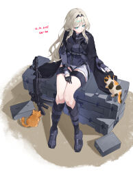  1girl absurdres ammunition_box an-94 an-94_(girls&#039;_frontline) aqua_eyes assault_rifle black_boots black_gloves black_hairband blonde_hair boots box cat character_name closed_mouth commentary dated full_body girls_frontline gloves gun hairband highres rifle short_shorts shorts simple_background sitting two-tone_background weapon weapon_name white_shorts zhu_fun_(pixiv_21401851) 