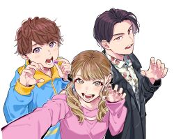  1girl aam09212 amane_sachika blonde_hair blue_hoodie brown_eyes brown_hair earrings highres hood hoodie inoue_shouma jacket jewelry kamen_rider kamen_rider_gavv_(series) karakida_hanto long_hair multiple_boys open_mouth short_hair simple_background violet_eyes white_background 