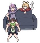  4girls ahoge alternate_costume antenna_hair barefoot beads black_pants black_shorts blade blonde_hair brown_hair casual closed_mouth commentary_request controller couch datemegane expressionless green_eyes green_hair green_sleeves grey_shirt hair_beads hair_ornament headgear holding holding_remote_control jitome leaning_on_object legs_on_another&#039;s_shoulders long_sleeves looking_ahead looking_at_another multiple_girls on_couch on_floor open_mouth pants print_shirt purple_hair raglan_sleeves raised_eyebrows reclining red_eyes red_sweater remote_control shirt short_hair_with_long_locks short_shorts short_twintails shorts sitting sitting_between_lap smile sweatdrop sweater thought_bubble touhoku_kiritan translation_request tsurumaki_maki twintails violet_eyes vocaloid voiceroid voicevox watching_television yellow_eyes yuzuki_yukari zundamon 