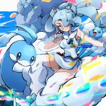  1girl altaria ayo_(ayosanri009) blue_eyes blue_gloves blue_hair blue_nails detached_sleeves double_bun flying_miku_(project_voltage) gloves hair_bun hair_over_one_eye hatsune_miku long_hair looking_at_viewer mega_altaria mega_pokemon nail_polish poke_ball pokemon pokemon_(creature) project_voltage see-through see-through_shorts see-through_sleeves shorts shorts_under_shorts single_glove smile swablu twintails very_long_hair vocaloid waist_poke_ball wind_chime 