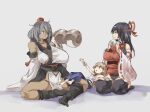  3girls bare_shoulders black_hair blonde_hair bow breasts dark-skinned_female dark_skin detached_sleeves eating food gourd grey_hair hair_bow hakama ibuki_suika japanese_clothes kourindou_tengu_costume large_breasts leotard long_hair lord_tenma_(touhou) multiple_girls nontraditional_miko onigiri open_mouth red_eyes ribbon sendai_hakurei_no_miko shirt simple_background sleeveless touhou wide_sleeves 