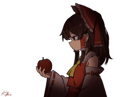  1girl apple ascot bad_apple!! bow brown_eyes brown_hair commentary detached_sleeves food frilled_bow frilled_hair_tubes frills fruit hair_bow hair_tubes hakurei_reimu highres holding holding_food holding_fruit kafka963 long_hair red_bow ribbon-trimmed_sleeves ribbon_trim signature simple_background solo touhou white_background yellow_ascot 