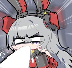 1girl animal_ears chibi chibi_only chinese_commentary cup girls'_frontline_2:_exilium girls_frontline grey_hair krolik_(girls'_frontline_2) long_hair lowres madcore mechanical_ears official_art rabbit_ears second-party_source solo spit_take spitting 