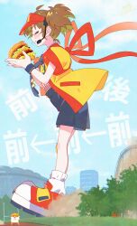  1girl absurdres ahoge black_shorts blue_necktie blue_sky brown_hair burger closed_eyes eating employee_uniform fast_food_uniform food giant giantess hamster headset highres holding holding_burger holding_food imadake_dabuchi_tabemi imadake_dabuchi_tabesuke mcdonald's necktie open_happi outdoors red_shoes shirt shoes shorts signature sky striped_clothes striped_shirt twintails vertical-striped_clothes vertical-striped_shirt visor_cap white_shirt yabamitsu yellow_happi 