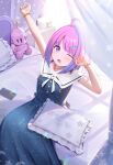  1girl ahoge alarm_clock arm_up blue_dress blue_hair blue_nails blush candy_hair_ornament cellphone clock crescent_necklace desk desk_lamp dress food-themed_hair_ornament hair_ornament highres himemori_luna himemori_luna_(3rd_costume) hololive jewelry kenko_(a143016) lamp looking_at_viewer luknight_(himemori_luna) medium_hair multicolored_hair nail_polish necklace official_alternate_costume one_eye_closed open_mouth phone pillow pink_hair short_dress sleeveless sleeveless_dress smartphone starry_sky_print streaked_hair stretching violet_eyes virtual_youtuber waking_up 
