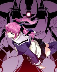  1girl absurdres breasts char's_deleted_affair dom_(mobile_suit) glowing glowing_eye gundam haman_karn highres ishiyumi long_hair long_sleeves mecha mobile_suit one-eyed open_mouth pink_hair robot science_fiction shirt skirt socks twintails violet_eyes zeon 