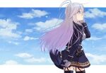  1girl 86_-eightysix- belt black_thighhighs blue_dress blue_eyes blue_sky closed_mouth clouds cloudy_sky cowboy_shot day dress from_side garter_straps gloves grey_hair hand_in_own_hair highres kamille_(vcx68) light_frown long_hair long_sleeves looking_to_the_side military_uniform outdoors outside_border short_dress sky solo standing thigh-highs uniform vladilena_millize white_belt white_gloves 