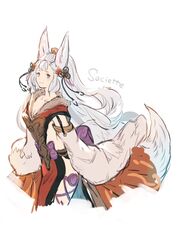  1girl animal_ears blue_eyes character_name detached_sleeves erune fox_ears fox_tail fur_collar fur_trim granblue_fantasy hair_ornament highres japanese_clothes long_hair shimatani_azu smile societte_(granblue_fantasy) tail white_fur white_hair 