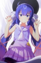  1girl ahoge ascot black_hat blue_dress blue_eyes blue_hair blunt_bangs blurry blurry_foreground chaakusu commentary_request cowboy_shot curtains dress gradient_clothes gradient_hair gradient_ribbon grin hair_between_eyes hair_ornament hair_ribbon hairclip hands_up hat hat_ribbon highres indoors large_hat light_blush long_hair looking_at_viewer low_twintails multicolored_hair otomachi_una otomachi_una_(talkex) pantyhose paw_pose pink_dress plaid_clothes plaid_pantyhose pleated_dress pov ribbon sailor_collar sailor_dress shade sidelighting sleeveless sleeveless_dress smile solo talkex twintails very_long_hair voiceroid white_ascot white_ribbon white_sailor_collar 