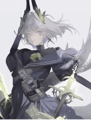  1girl absurdres arknights ay4_la bird_girl black_bodysuit bodysuit commentary dress earrings english_text grey_background grey_eyes grey_hair hair_intakes head_wings highres irene_(arknights) irene_(the_adjudicatrix_and_her_resolve)_(arknights) jewelry looking_at_viewer medium_hair sailor_collar sailor_dress solo sword weapon wings 