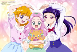  3girls :d ;d absurdres animedia arched_bangs asahina_mirai blonde_hair blue_skirt bow bowtie braid closed_mouth collarbone copyright_name copyright_notice dress_shirt green_eyes green_hairband green_skirt hairband half_up_braid hanami_kotoha heart_arms_duo highres izayoi_liko long_hair long_sleeves looking_at_viewer magazine_scan mahou_girls_precure! mahou_girls_precure!!_~mirai_days~ medium_hair mofurun_(mahou_girls_precure!) multiple_girls official_art one_eye_closed open_mouth parted_bangs pink_hair pink_shirt ponytail precure purple_hair red_bow red_bowtie scan shirt short_sleeves sidelocks skirt smile stuffed_animal stuffed_toy teddy_bear toei_animation violet_eyes white_shirt 