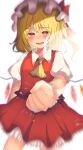  1girl absurdres aoyama_tenchou ascot blonde_hair blush breasts chromatic_aberration collared_shirt cowboy_shot flandre_scarlet hat highres looking_at_viewer medium_hair mob_cap motion_blur one_side_up open_mouth puffy_short_sleeves puffy_sleeves punching red_eyes red_skirt red_vest shirt short_sleeves skirt skirt_set small_breasts solo teeth touhou vest white_headwear white_shirt wings wrist_cuffs yellow_ascot 