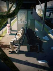  2boys back-to-back bench black_jacket black_pants black_suit blood blood_on_ground blood_splatter blue_shirt brown_shoes caution_tape collared_shirt door dress_shoes english_commentary facing_to_the_side flying_paper from_above gavel glint hand_on_own_leg headless highres higuruma_hiromi itsiitsubox jacket jujutsu_kaisen keep_out long_sleeves male_focus map_(object) multiple_boys nanami_kento on_bench pants paper pen perspective power_lines railroad_tracks shirt shoes sidelighting sign sitting spoilers suit suit_jacket suitcase sunlight sword tactile_paving train train_station train_station_platform utility_pole vanishing_point weapon white_jacket white_pants white_shirt white_suit window 