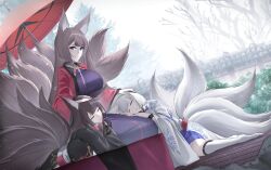 akagi_(azur_lane) amagi_(azur_lane) animal_ears azur_lane fox_ears fox_tail kaga_(azur_lane) long_hair multiple_girls multiple_tails short_hair