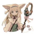  1girl animal_ears arknights black_cat blonde_hair blush cardigan cat closed_mouth commentary cropped_torso crossover fox_ears fox_girl fox_tail frilled_hairband frills green_eyes green_hairband green_skirt hairband heixiu high-waist_skirt highres holding holding_staff long_hair long_sleeves looking_at_viewer luo_xiaohei luo_xiaohei_zhanji neck_ribbon official_alternate_costume one-hour_drawing_challenge open_cardigan open_clothes puffy_long_sleeves puffy_sleeves red_ribbon ribbon shirt skirt smile solo staff sutoa suzuran_(arknights) suzuran_(spring_praise)_(arknights) tail yellow_cardigan yellow_shirt 