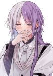  1boy absurdres black_sweater blush bungou_stray_dogs earrings grey_eyes grey_necktie grey_vest hand_up highres jewelry long_hair long_sleeves male_focus multicolored_hair necktie purple_hair r1kuuw sigma_(bungou_stray_dogs) simple_background solo sweater turtleneck turtleneck_sweater two-tone_hair upper_body v-shaped_eyebrows vest white_background white_hair 