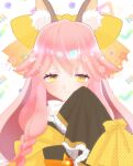  1girl :3 animal_ear_fluff animal_ears commentary_request fate/samurai_remnant fate_(series) fox_ears fox_girl japanese_clothes kimono long_hair looking_at_viewer lunarose pink_hair sleeves_past_fingers sleeves_past_wrists smile solo straight-on tamamo_(fate) tamamo_aria upper_body yellow_eyes yellow_kimono 
