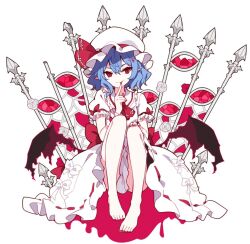  1girl barefoot bat_wings blue_hair dress frilled_dress frills hat ideolo looking_at_viewer mob_cap pointy_ears red_eyes remilia_scarlet sitting smile solo touhou white_background white_dress wings 