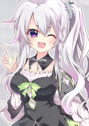  1girl 9-nine- ;d absurdres ahoge alternate_costume back_bow black_dress blush bow bowtie braid breasts commentary cowboy_shot detached_collar dress dress_bow enmaided eyes_visible_through_hair green_bow green_ribbon grey_bow grey_bowtie grey_hair grey_scrunchie hair_between_eyes hair_ornament hair_ribbon hair_scrunchie hand_up happy highres index_finger_raised large_breasts long_hair long_sleeves looking_at_viewer maid niimi_sora one_eye_closed open_mouth outline ribbon sample_watermark scrunchie side_ponytail sidelocks simple_background single_braid smile smug solo sukonbu385 v-shaped_eyebrows violet_eyes watermark white_bow white_outline white_sleeves 