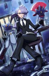  1girl absurdres anabel_(pokemon) black_gloves black_necktie collared_shirt gloves hair_ribbon highres jacket long_hair long_sleeves looking_at_viewer necktie pants pokemon pokemon_(creature) pokemon_emerald pokemon_rse pokemon_sm ponytail purple_hair ribbon ryairyai shirt sneasler violet_eyes weavile white_shirt 