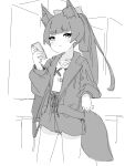  1girl animal_ear_fluff animal_ears bow cellphone closed_mouth fox_ears fox_girl fox_tail greyscale hair_bow hand_up highres holding holding_phone jacket kuro_kosyou long_hair long_sleeves looking_at_viewer monochrome open_clothes open_jacket original phone ponytail puffy_long_sleeves puffy_sleeves shirt skirt solo tail very_long_hair 