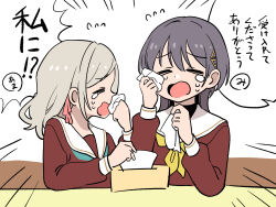  2girls aqua_neckerchief blowing_nose brown_dress ceras_yanagida_lilienfeld commentary_request crying dress flying_sweatdrops grey_hair hair_ornament hair_ribbon hasu_no_sora_school_uniform highres holding_tissue katsuragi_izumi koaraya link!_like!_love_live! long_hair long_sleeves love_live! miyake_miu multiple_girls neckerchief open_mouth pink_ribbon ribbon sailor_collar sailor_dress school_uniform shindou_amane speech_bubble tears tissue_box triangle_hair_ornament upper_body virtual_youtuber voice_actor_connection white_sailor_collar winter_uniform wiping_tears wolf_cut yellow_neckerchief 