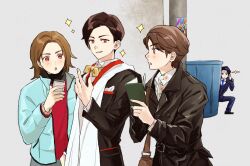  4boys bakuage_sentai_boonboomger black_hair blue_eyes blue_jacket blue_necktie boonboom_changer bow bowtie brown_hair collared_shirt highres jacket kamen_rider kamen_rider_gavv_(series) kamen_rider_geats_(series) kamen_rider_ryuki_(series) karakida_hanto kido_shinji long_sleeves meita_ishiro multiple_boys necktie open_mouth oresanjyo pen red_eyes red_shirt shirt short_hair simple_background super_sentai ukiyo_ace white_background white_shirt yellow_bow yellow_bowtie 