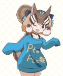  1girl alternate_costume animal_ears brown_eyes brown_hair chipmunk_ears chipmunk_girl chipmunk_tail choker extra_ears highres hissaa_(hisser) kemono_friends kemono_friends_3 kemono_friends_v_project looking_at_viewer one_eye_closed ribbon short_hair siberian_chipmunk_(kemono_friends) simple_background smile solo sweater tail virtual_youtuber 
