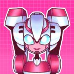  1girl arcee autobot backpack bag blue_eyes can&#039;t_be_this_cute colored_skin helmet humanoid_robot looking_at_viewer pink_background pink_skin red_lips robot solo sparkpiercer transformers transformers_animated upper_body 