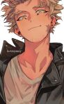  1boy artist_name black_jacket blonde_hair blush boku_no_hero_academia closed_mouth collarbone collared_jacket collared_shirt commentary ear_piercing earrings facial_hair hawks_(boku_no_hero_academia) jacket jewelry kadeart looking_at_viewer male_focus open_clothes open_jacket piercing scar scar_on_face scar_on_neck shirt short_hair signature simple_background smile solo stubble symbol-only_commentary thick_eyebrows upper_body white_background yellow_eyes 