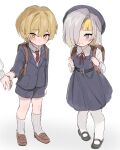  1boy 1girl blonde_hair breasts grey_eyes grey_hair highres kromer_(limbus_company) large_breasts limbus_company looking_at_viewer medium_hair migishita multicolored_hair one_eye_covered project_moon simple_background sinclair_(limbus_company) two-tone_hair yellow_eyes 