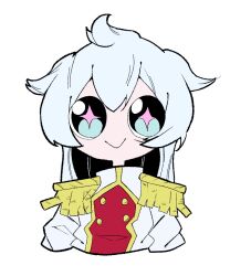  1girl closed_mouth coat epaulettes imitatio_(mahou_shoujo_ni_akogarete) long_hair mahou_shoujo_ni_akogarete makotogab military_coat pink_pupils simple_background smile solo white_background white_hair 