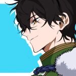  1boy black_clover black_hair brakuro_oji close-up closed_mouth collared_shirt fur_trim green_shirt highres looking_at_another male_focus shirt short_hair smile solo yellow_eyes yuno_(black_clover) 